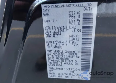 2015 Infiniti Qx60 из США, поврежденный, VIN 5N1AL0MN9FC537194